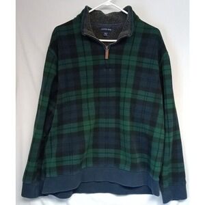 Lands End Mens Sweater XLT 46-48 Green Tartan Plaid 1/4 Zip Long Sleeve Pullover